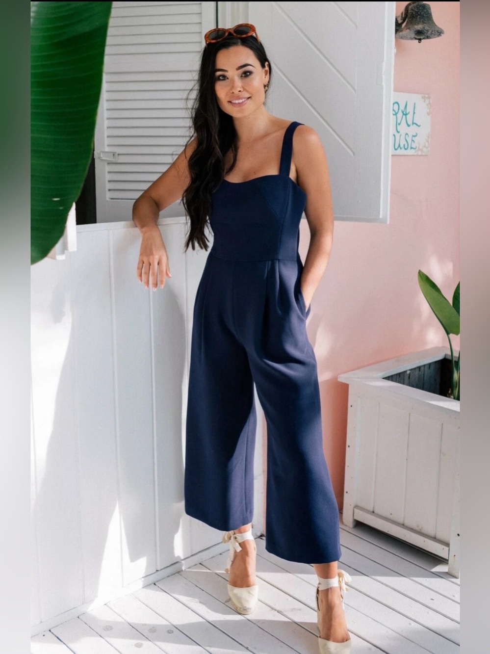 GAL MEETS GLAM | Navy Blue Sweetheart Neck Wide Leg Jumpsuit, sz 2